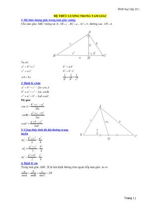Bài tập Hình học Lớp 10 - Hệ thức lượng trong tam giác