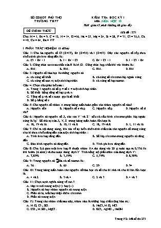 Đề kiểm tra Học kì 1 môn Hóa học Lớp 10 - Mã đề: 271 (Có đáp án)