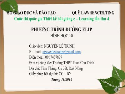 Bài giảng Hình học Lớp 10 - Phương trình đường elip - Nguyễn Lê Trình