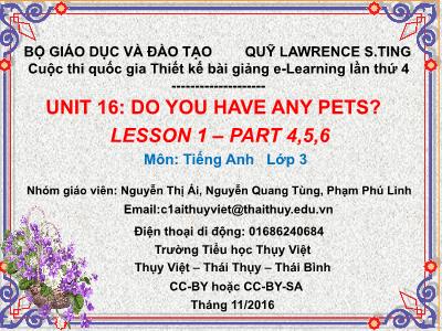 Bài giảng Tiếng Anh Lớp 10 - Unit 16: Do you have any pets? - Lesson 1 - Part 4,5,6 - Nguyễn Thị Ái