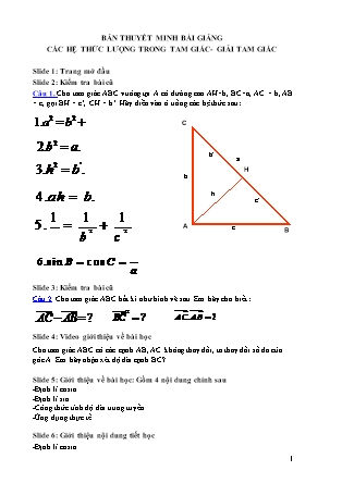 Bài thuyết trình Toán Lớp 10 - Các hệ thức lượng trong tam giác. Giải tam giác