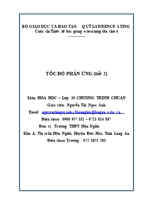 Giáo án Hóa học Lớp 10 - Tiết 65, Bài 33: Tốc độ phản ứng (Tiết 2) - Nguyễn Thị Ngọc Ánh