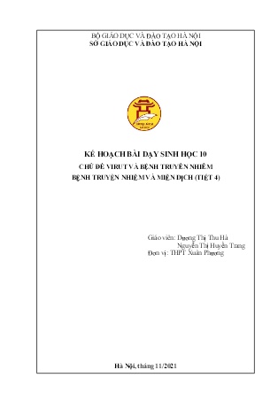 Giáo án Sinh học Lớp 10 - Chủ đề: Virut và bệnh truyền nhiễm - Bệnh truyền nhiễm và miễn dịch (Tiết 4) - Dương Thị Thu Hà